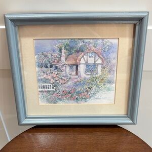 Framed Cottage Watercolor Artwork in Pale Blue Frame